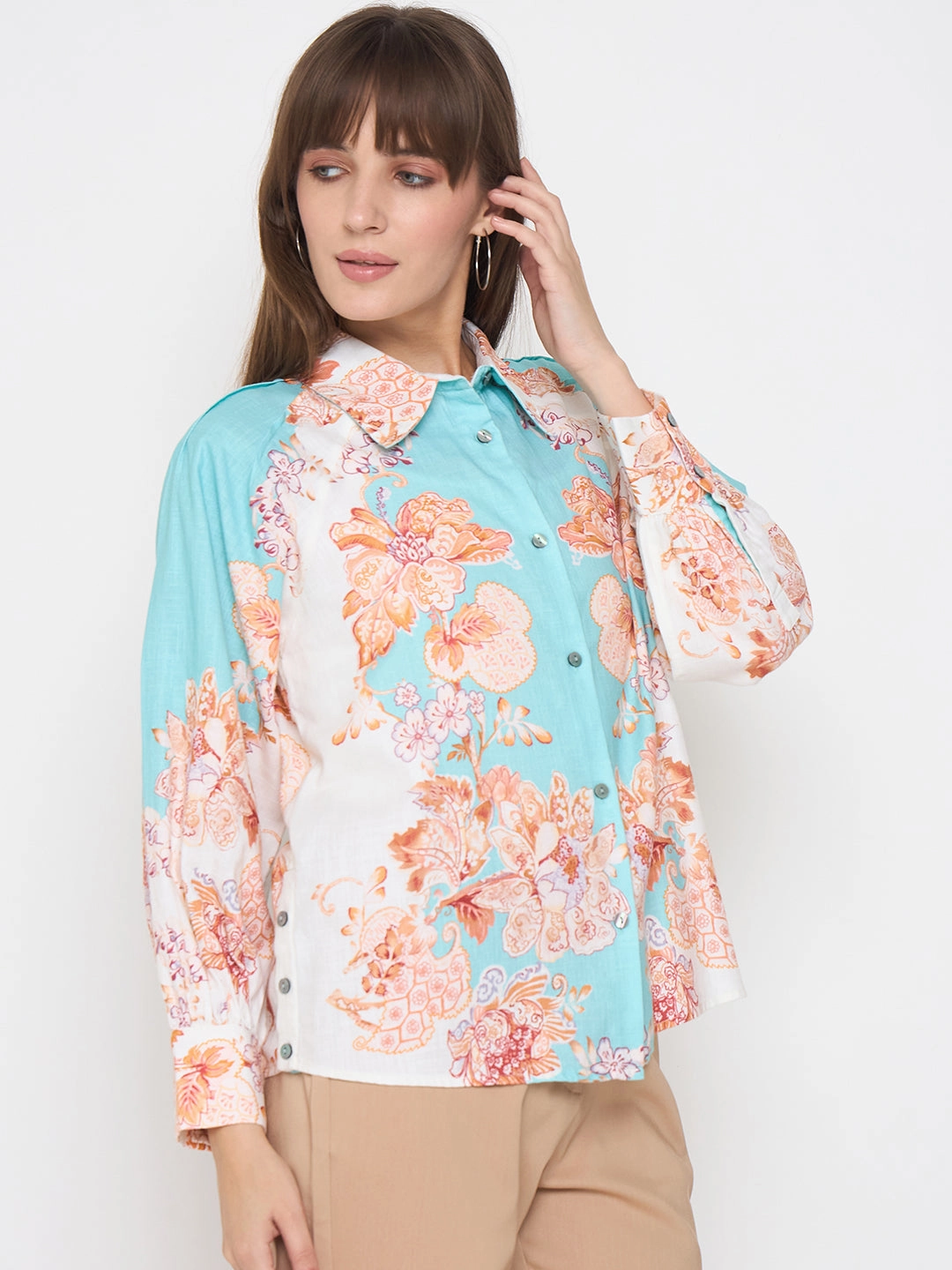 Madame Floral Print Colorblock Blue Shirt Cozy Option Polished Finish