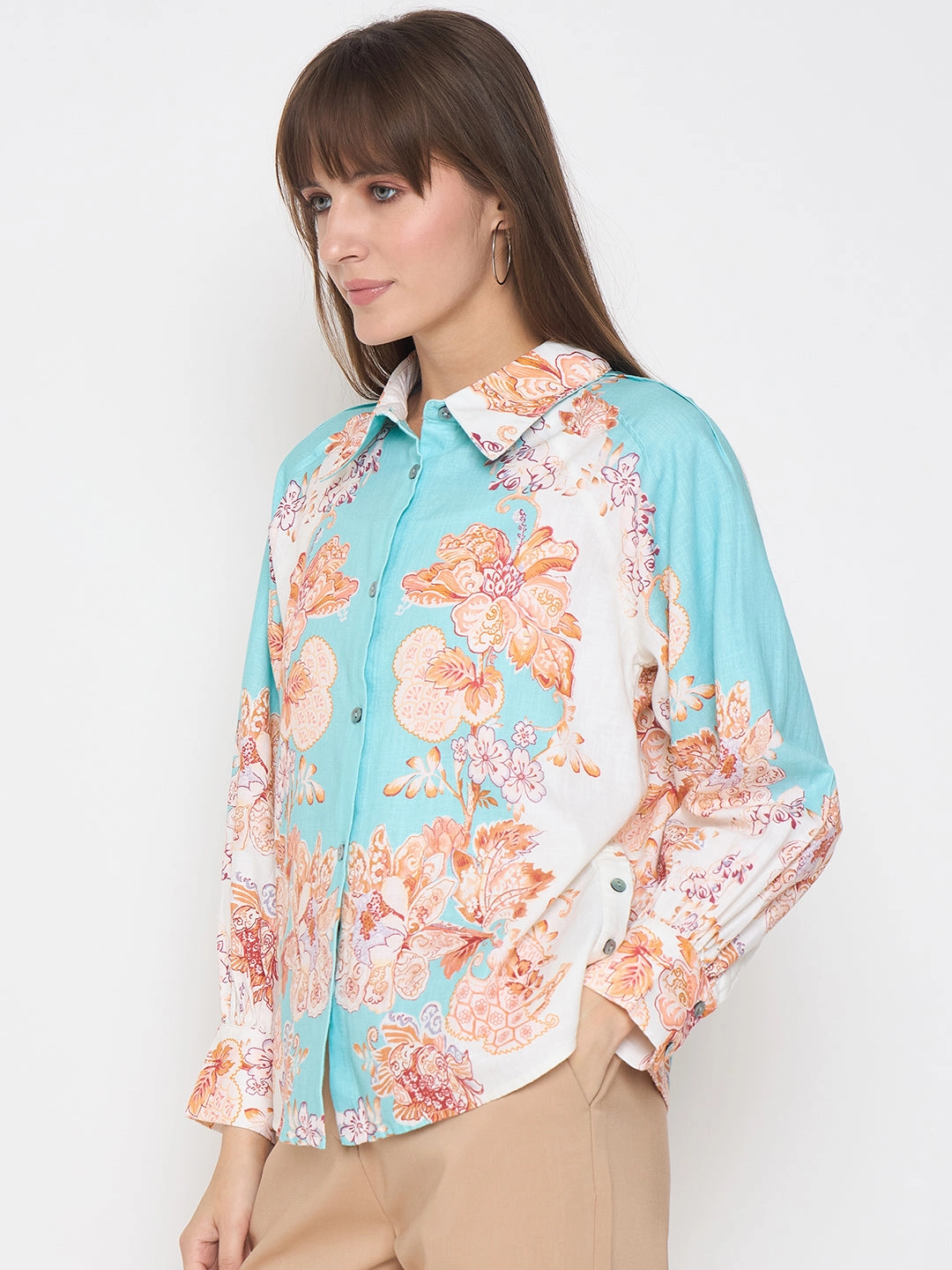 Madame Floral Print Colorblock Blue Shirt Quick Dry Construction Ruffle Edge
