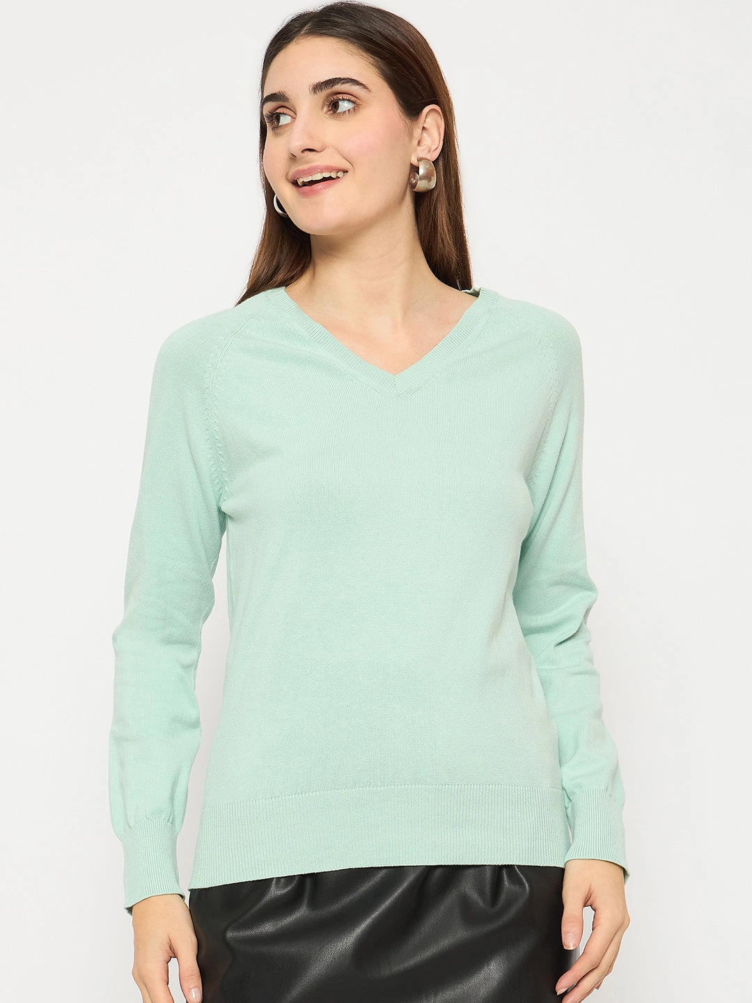 Cozy and Soft Madame V Neck Skinny Fit Mint Green Sweater