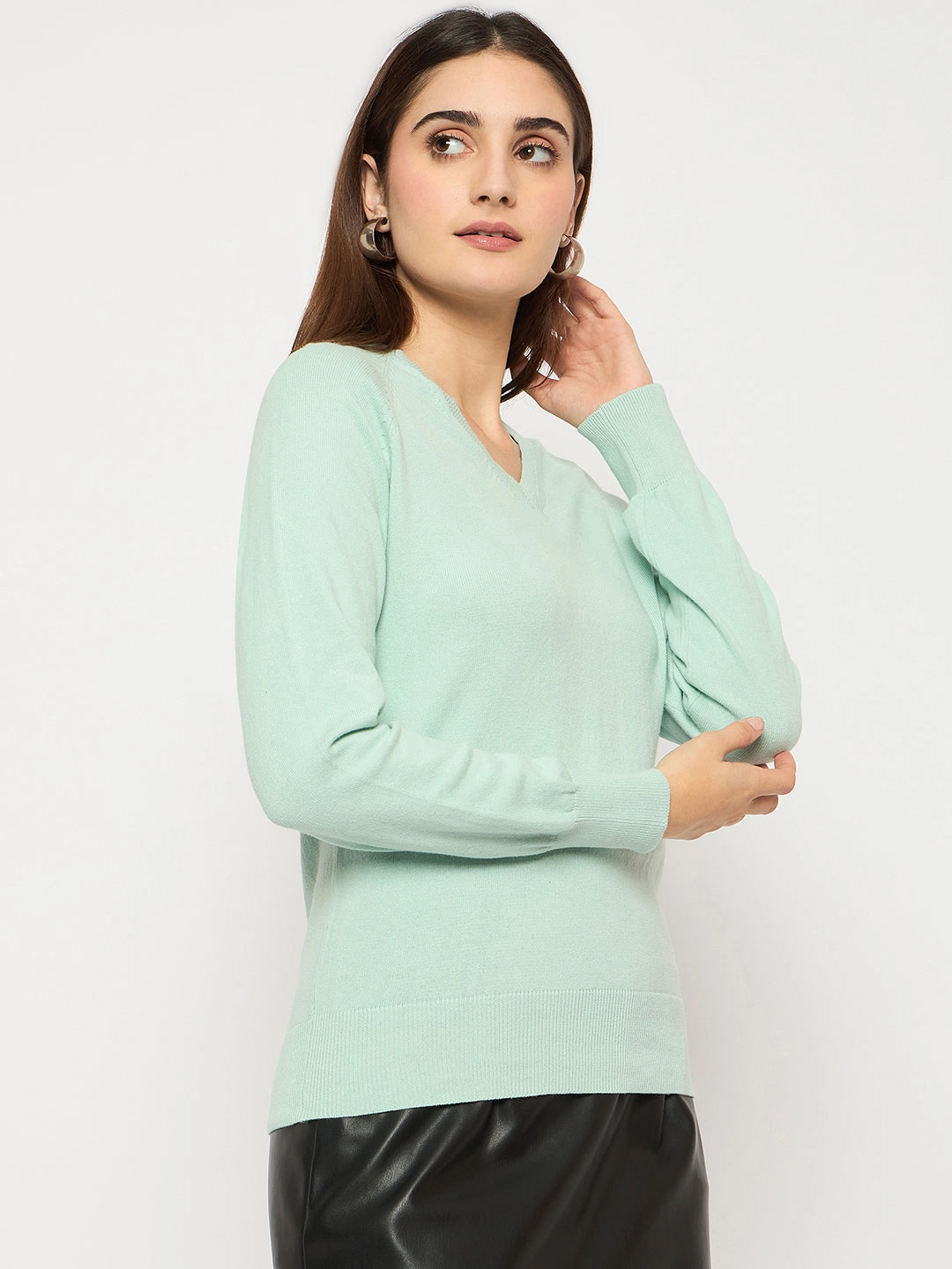 Madame V Neck Skinny Fit Mint Green Sweater Fashionable knitwear