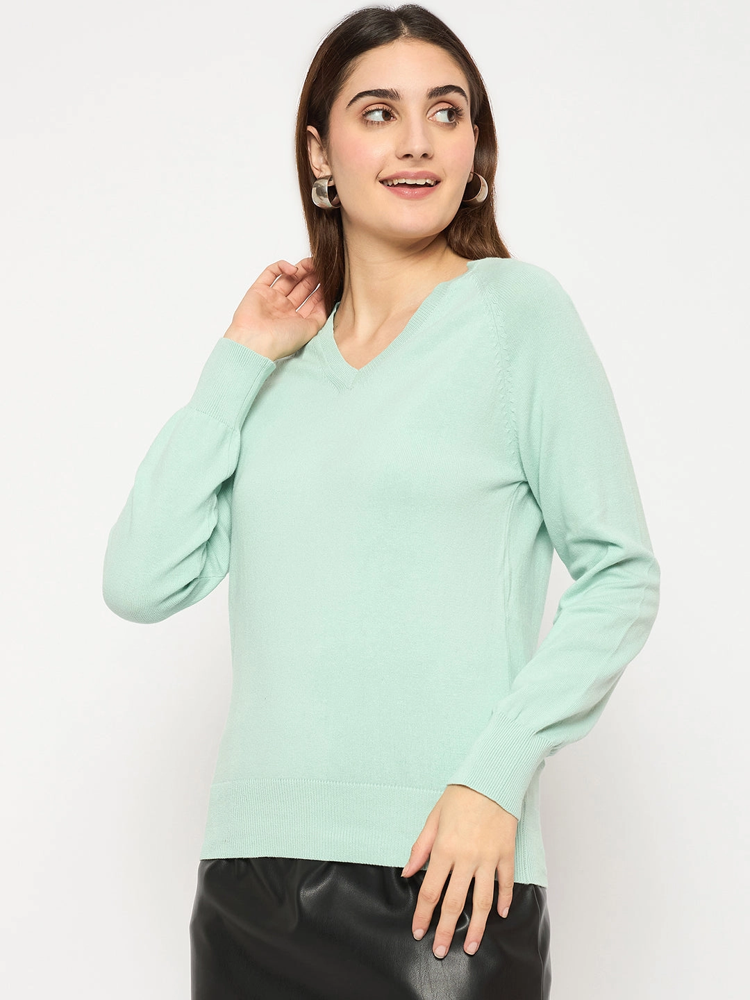 Madame V Neck Skinny Fit Mint Green Sweater Ultimate Comfort Layered Must-Have