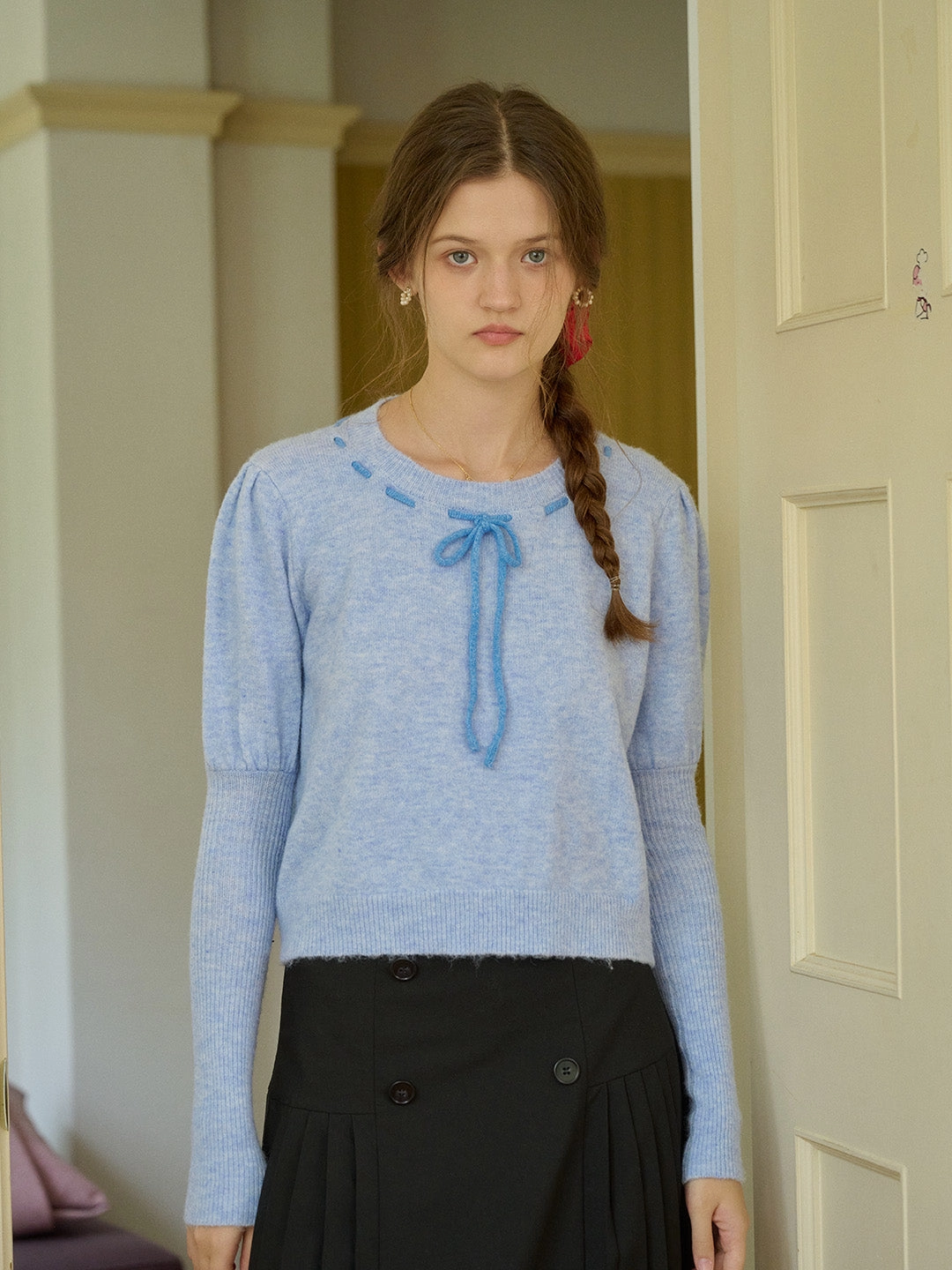 ??Final Sale??Lauren Bow Tie Pullover Bubble Sleeve Sweater Fresh Look Neutral Colors
