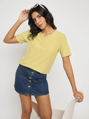 Madame Henley Neck Solid Mustard Yellow T-Shirt Chilly Style Sporty Fit