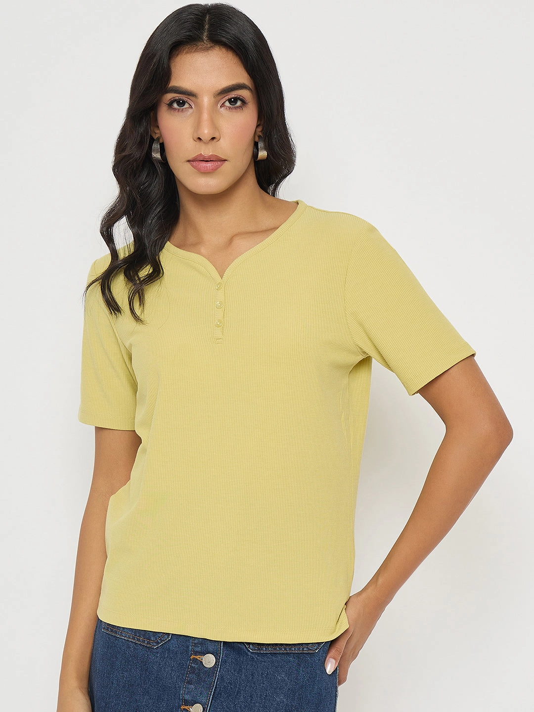 Sporty Layer Look Comfortable And Versatile Madame Henley Neck Solid Mustard Yellow T-Shirt