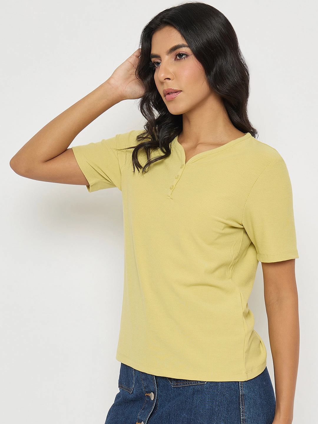 Minimalist fashion Trendy Comfort Fit Madame Henley Neck Solid Mustard Yellow T-Shirt