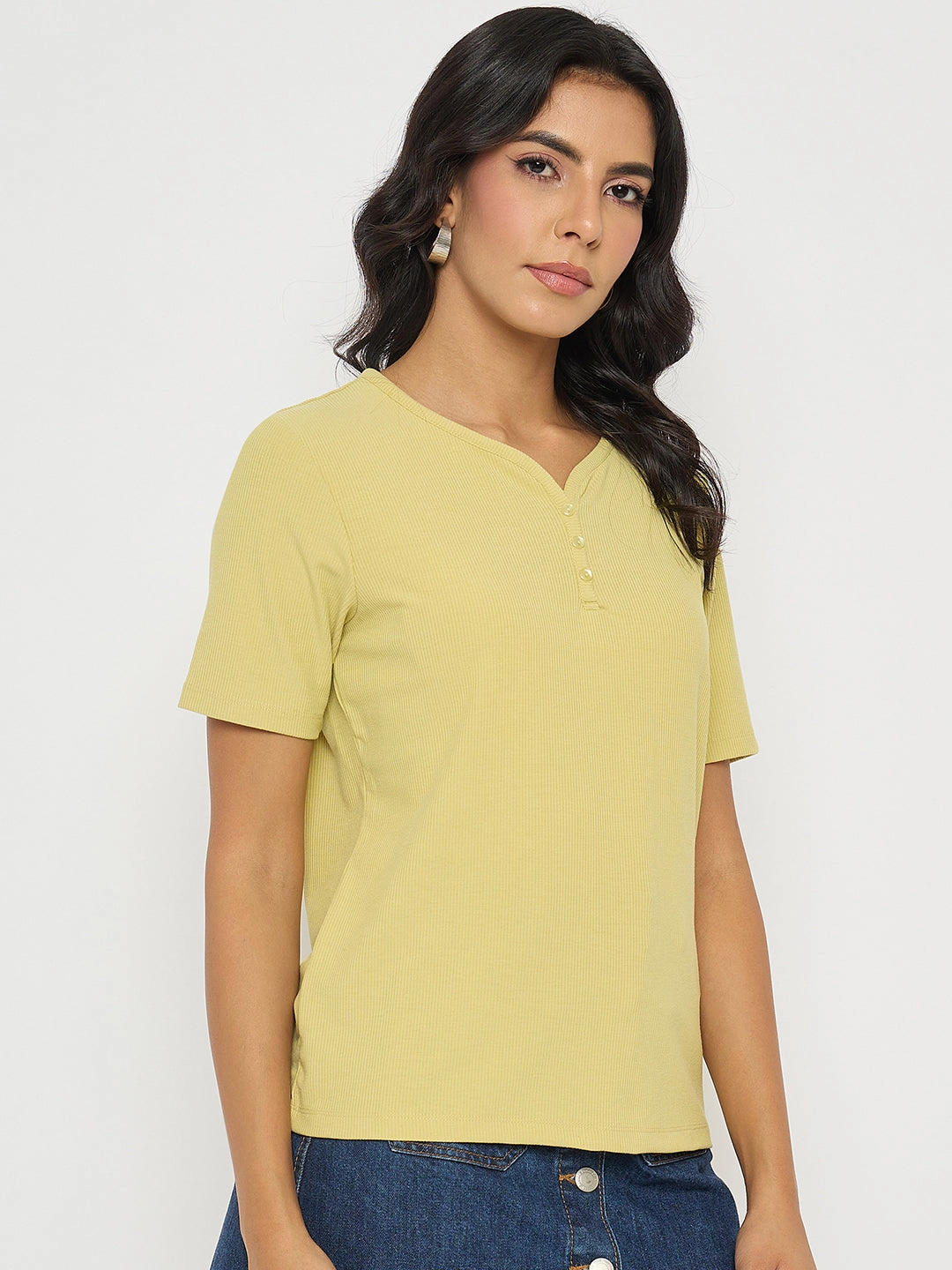 Casual Comfort Fit Sleeveless freedom Madame Henley Neck Solid Mustard Yellow T-Shirt