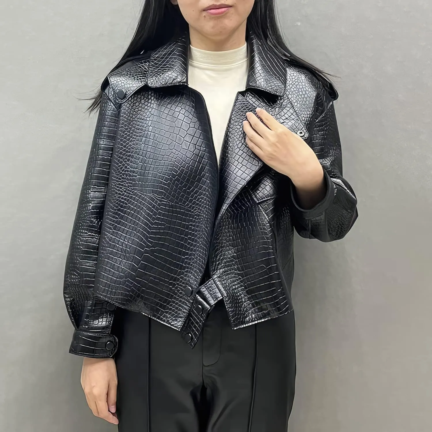 Faachi & Co Womens Black Biker Genuine Sheepskin Crocodile Pattern Lapel Collar Asymmetric Crossover Leather Jacket