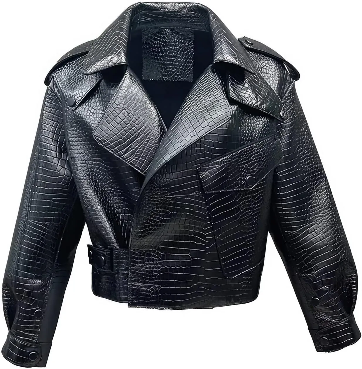 Faachi & Co Womens Black Biker Genuine Sheepskin Crocodile Pattern Lapel Collar Asymmetric Crossover Leather Jacket