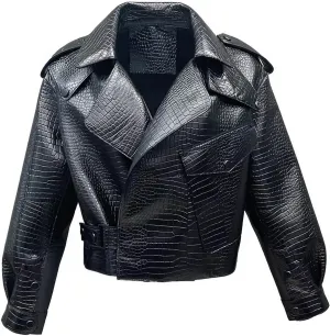 Faachi & Co Womens Black Biker Genuine Sheepskin Crocodile Pattern Lapel Collar Asymmetric Crossover Leather Jacket