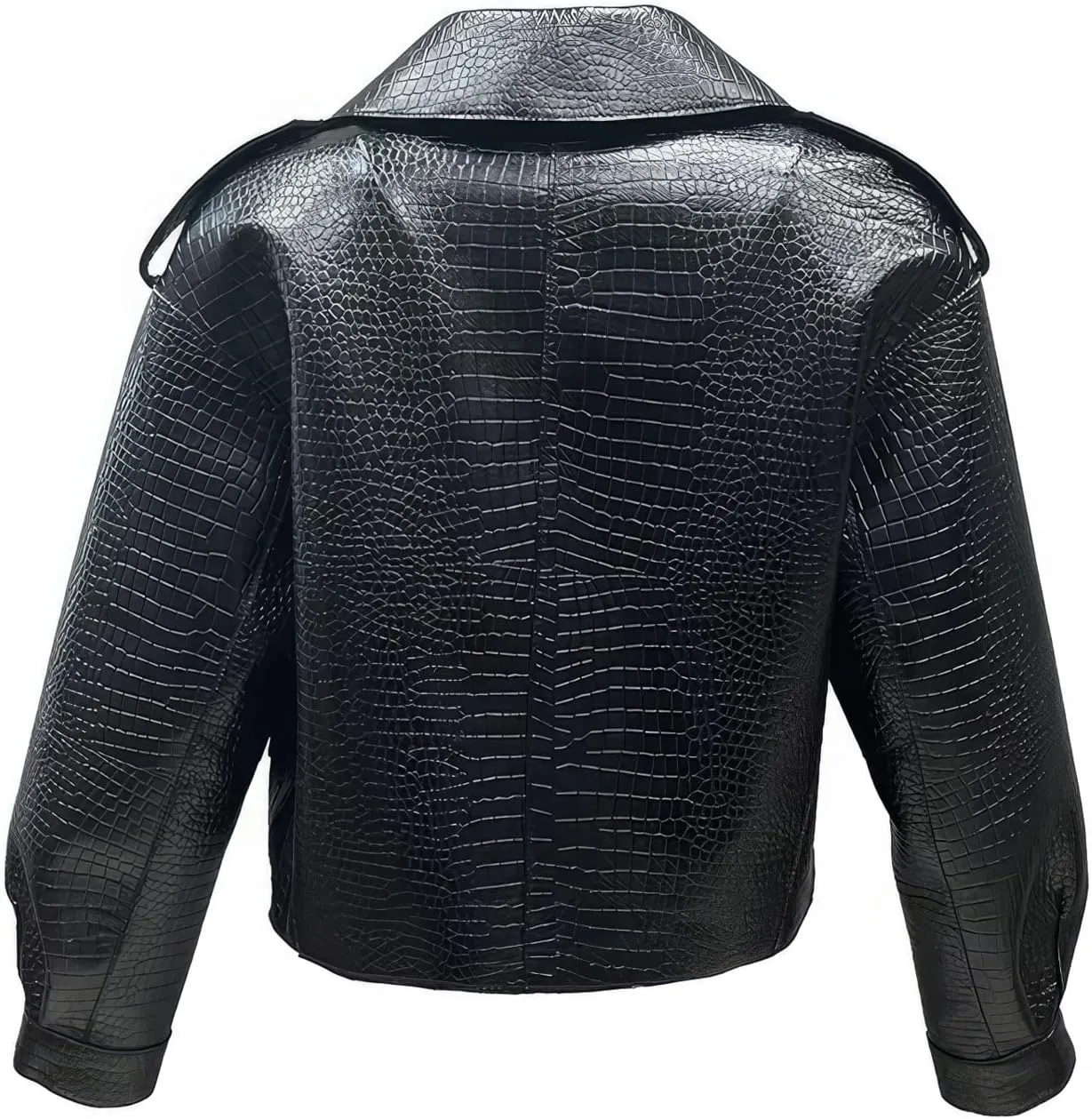 Faachi & Co Womens Black Biker Genuine Sheepskin Crocodile Pattern Lapel Collar Asymmetric Crossover Leather Jacket