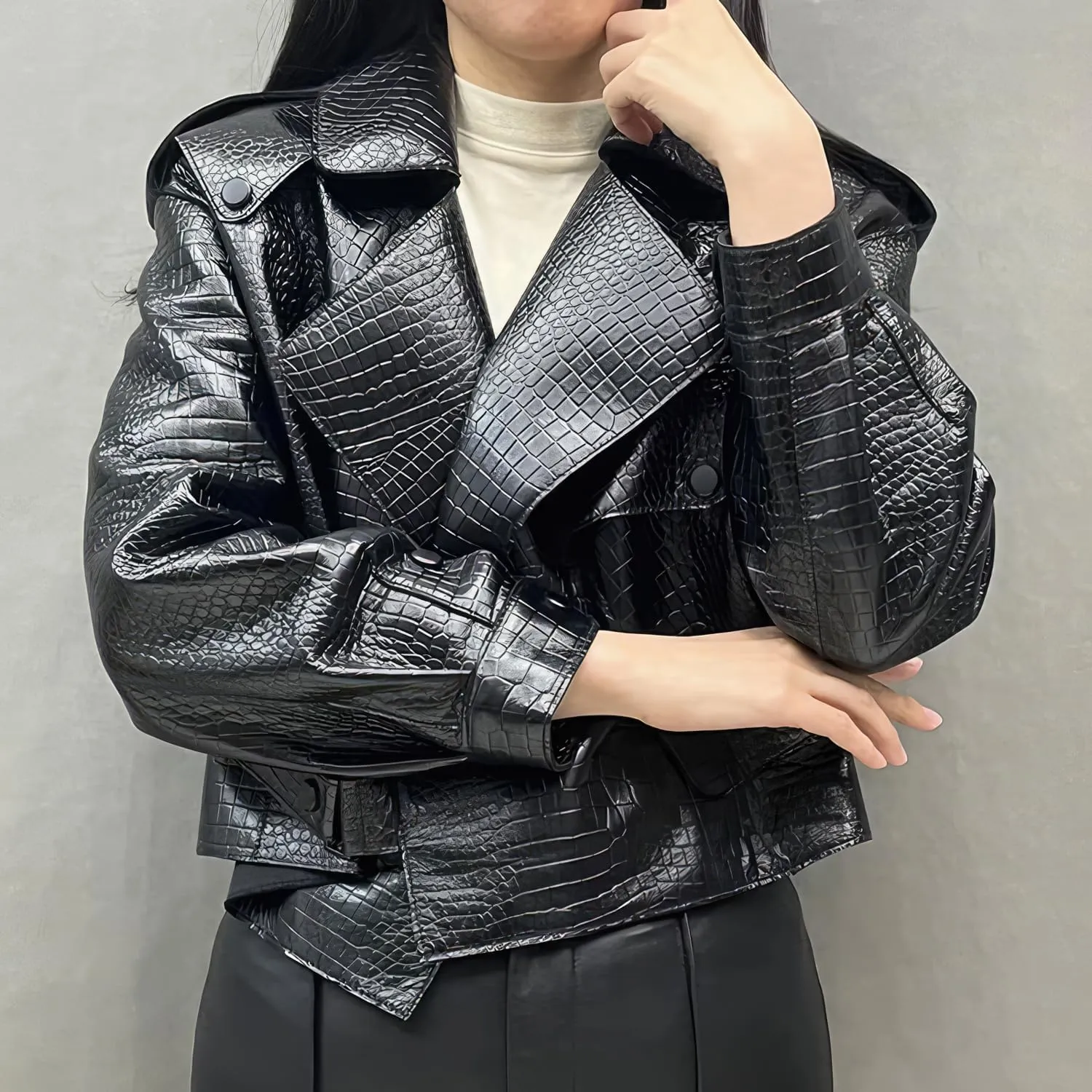 Faachi & Co Womens Black Biker Genuine Sheepskin Crocodile Pattern Lapel Collar Asymmetric Crossover Leather Jacket