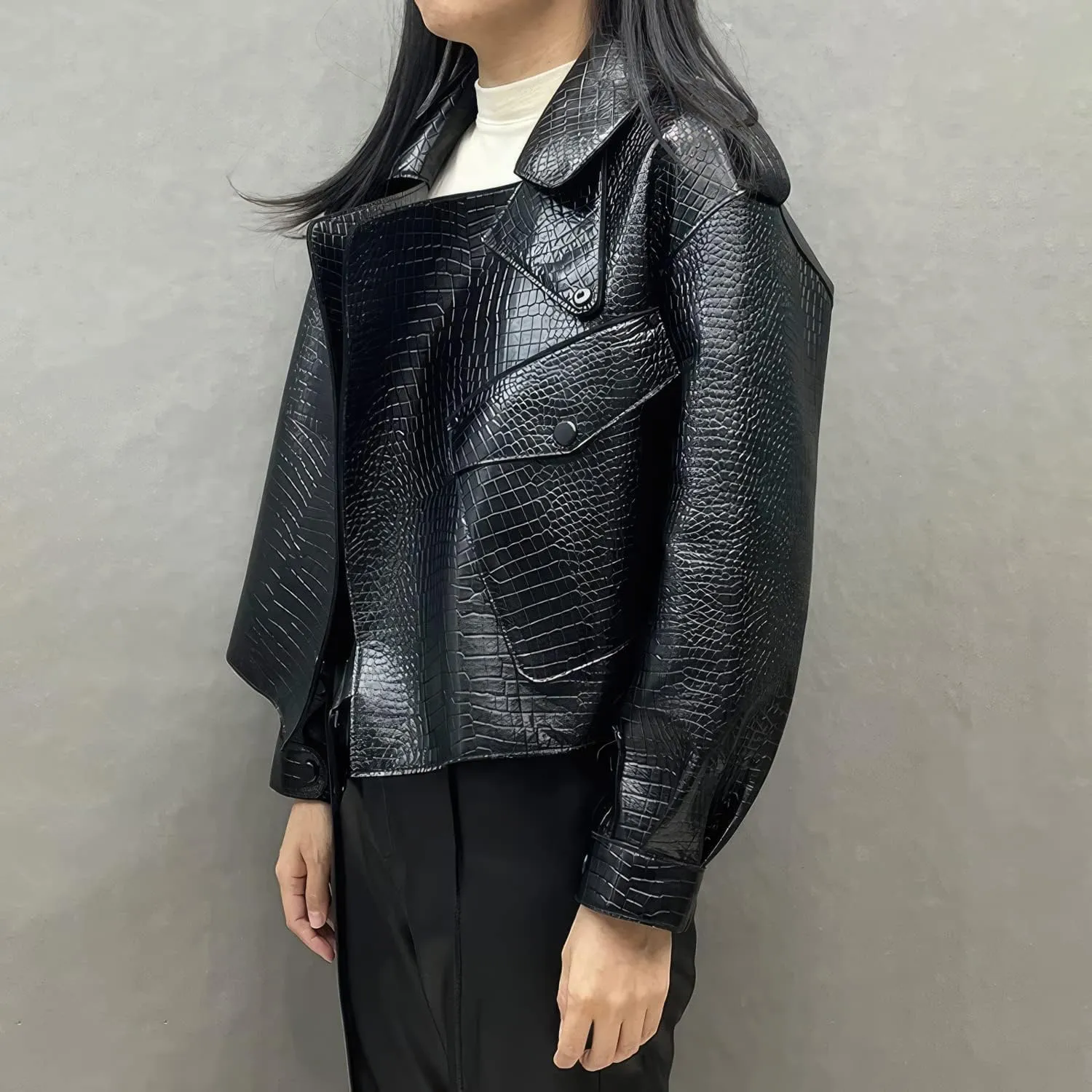 Faachi & Co Womens Black Biker Genuine Sheepskin Crocodile Pattern Lapel Collar Asymmetric Crossover Leather Jacket