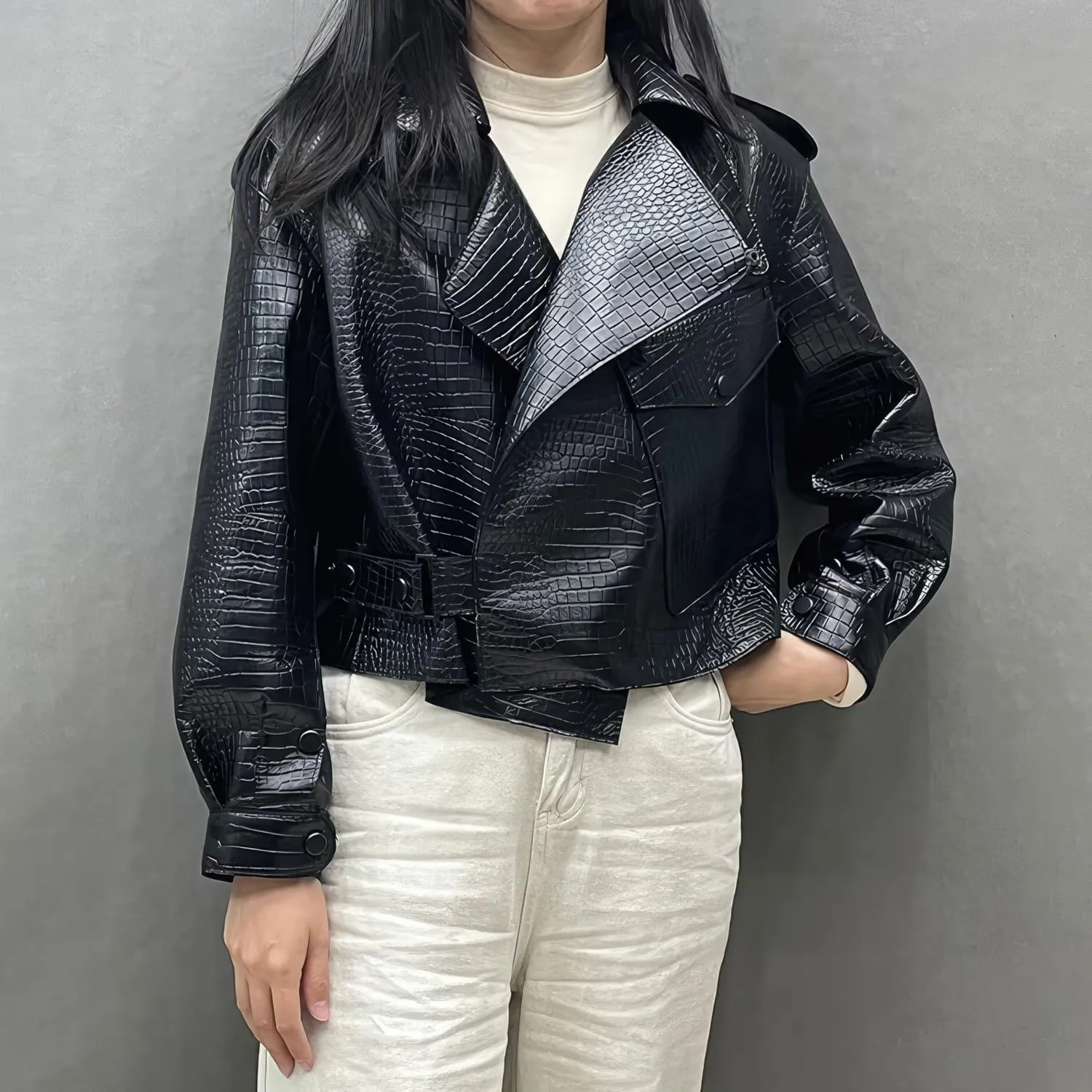 Faachi & Co Womens Black Biker Genuine Sheepskin Crocodile Pattern Lapel Collar Asymmetric Crossover Leather Jacket