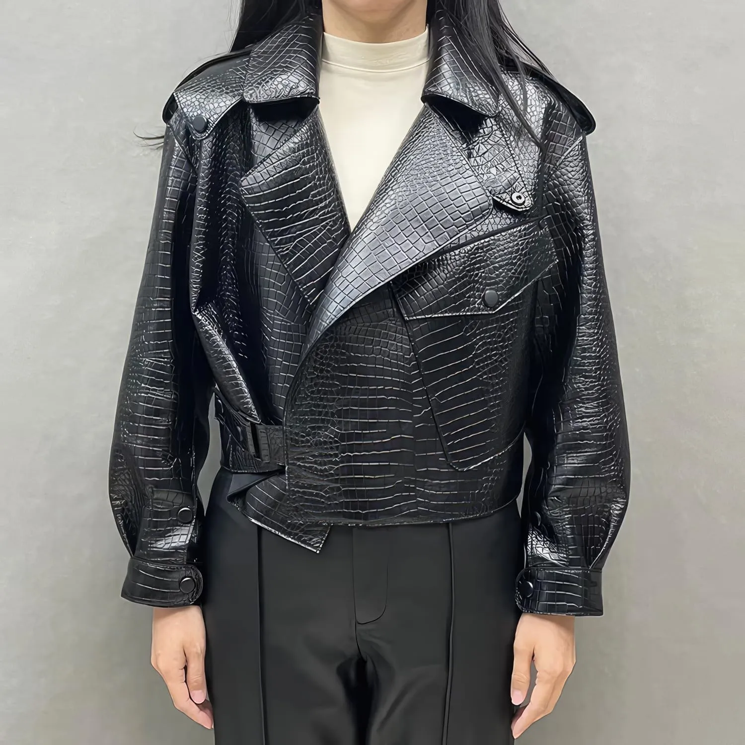 Faachi & Co Womens Black Biker Genuine Sheepskin Crocodile Pattern Lapel Collar Asymmetric Crossover Leather Jacket