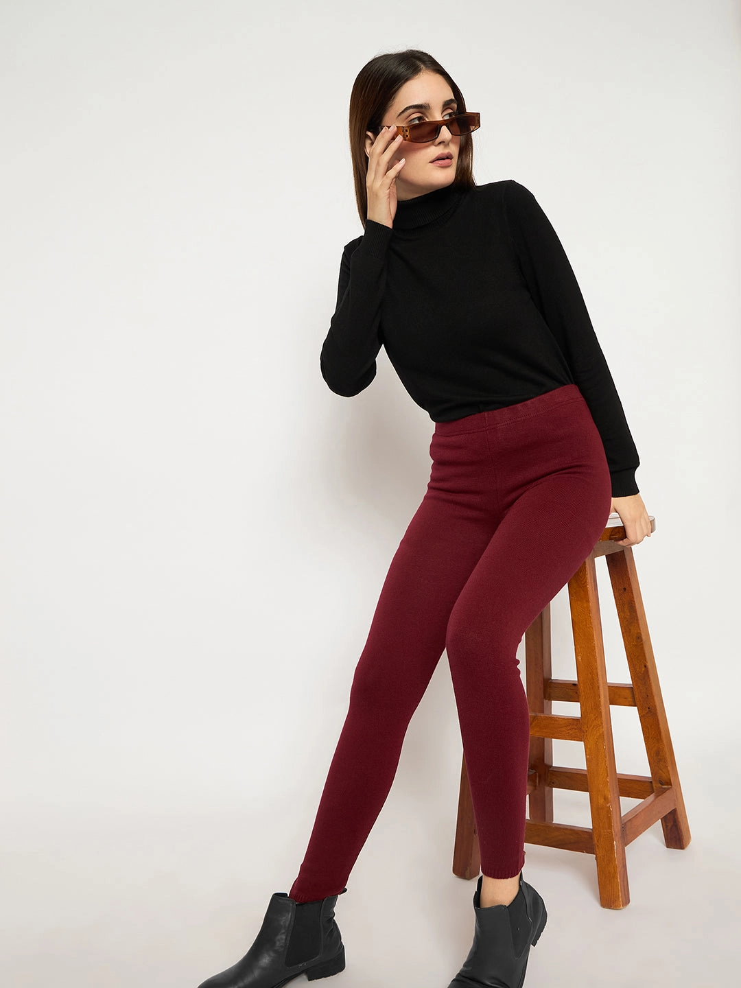 Breathable mesh Sleeveless Top Madame Skinny Fit Solid Maroon Tights