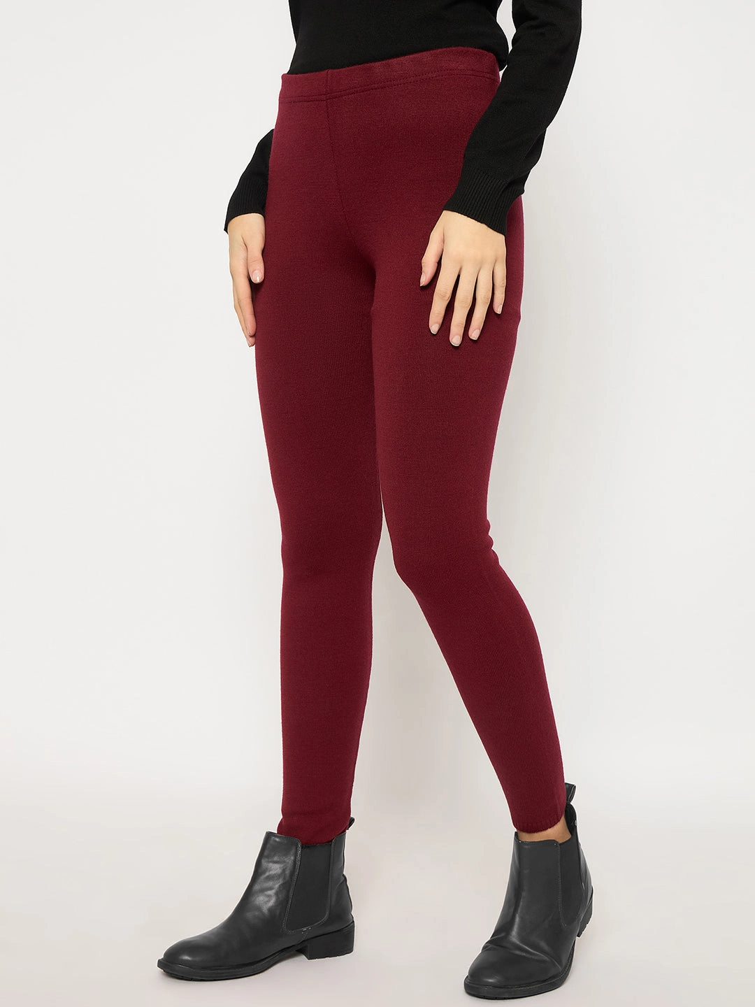 Madame Skinny Fit Solid Maroon Tights Quick-Dry Fabric