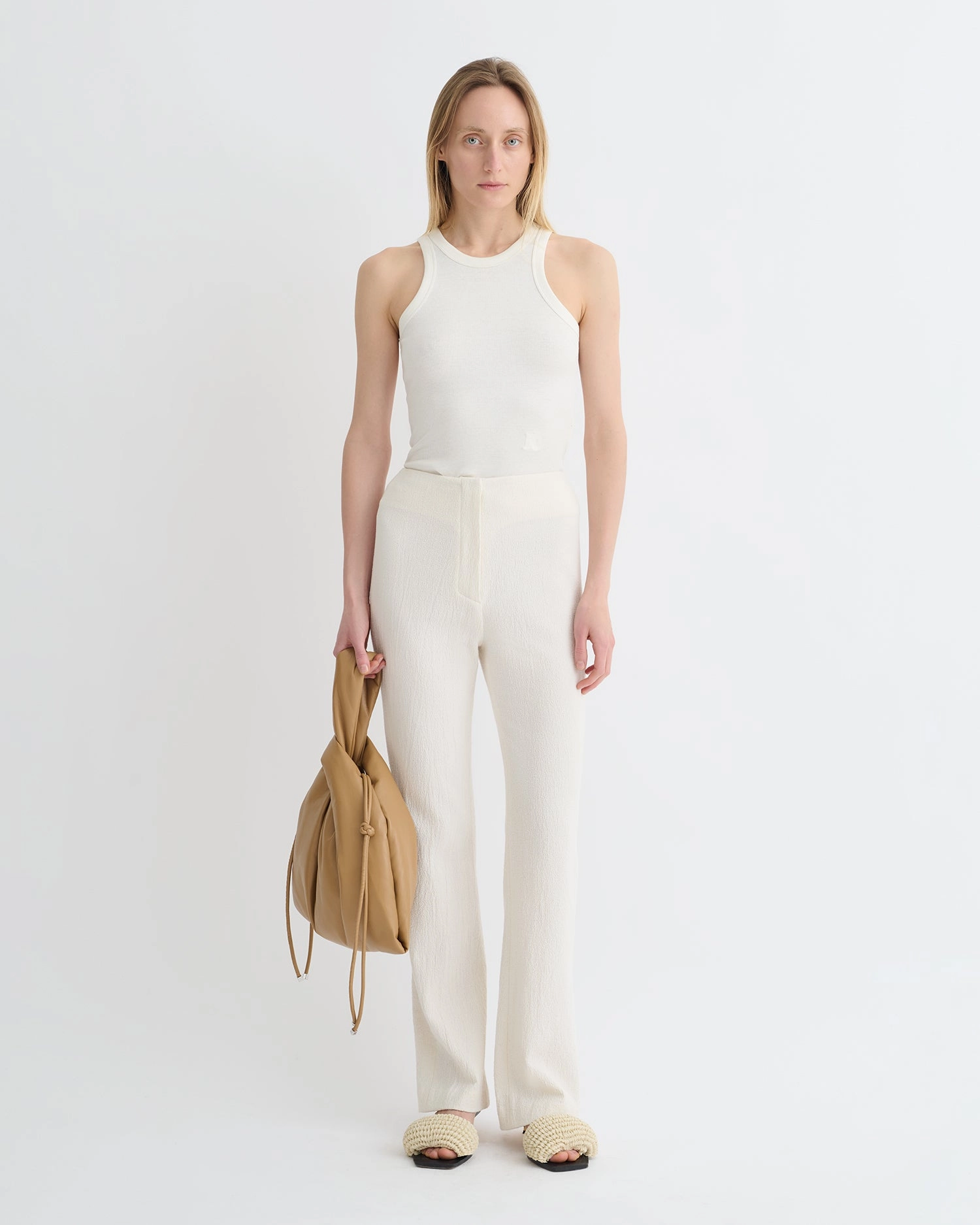 Stretchy Waist Shera - Crepe Melange Pants - Creme
