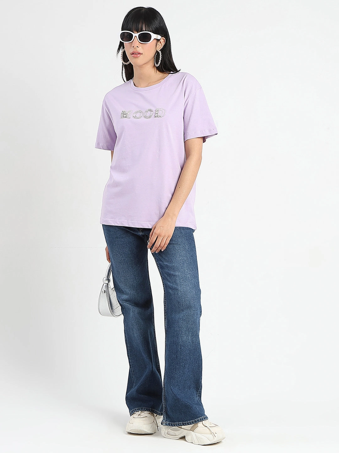 Madame Embellished Typography Lilac Cotton T-Shirt Garment Dyed Finish