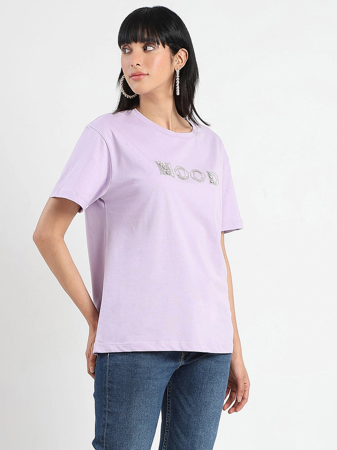 Low Profile Collar Madame Embellished Typography Lilac Cotton T-Shirt