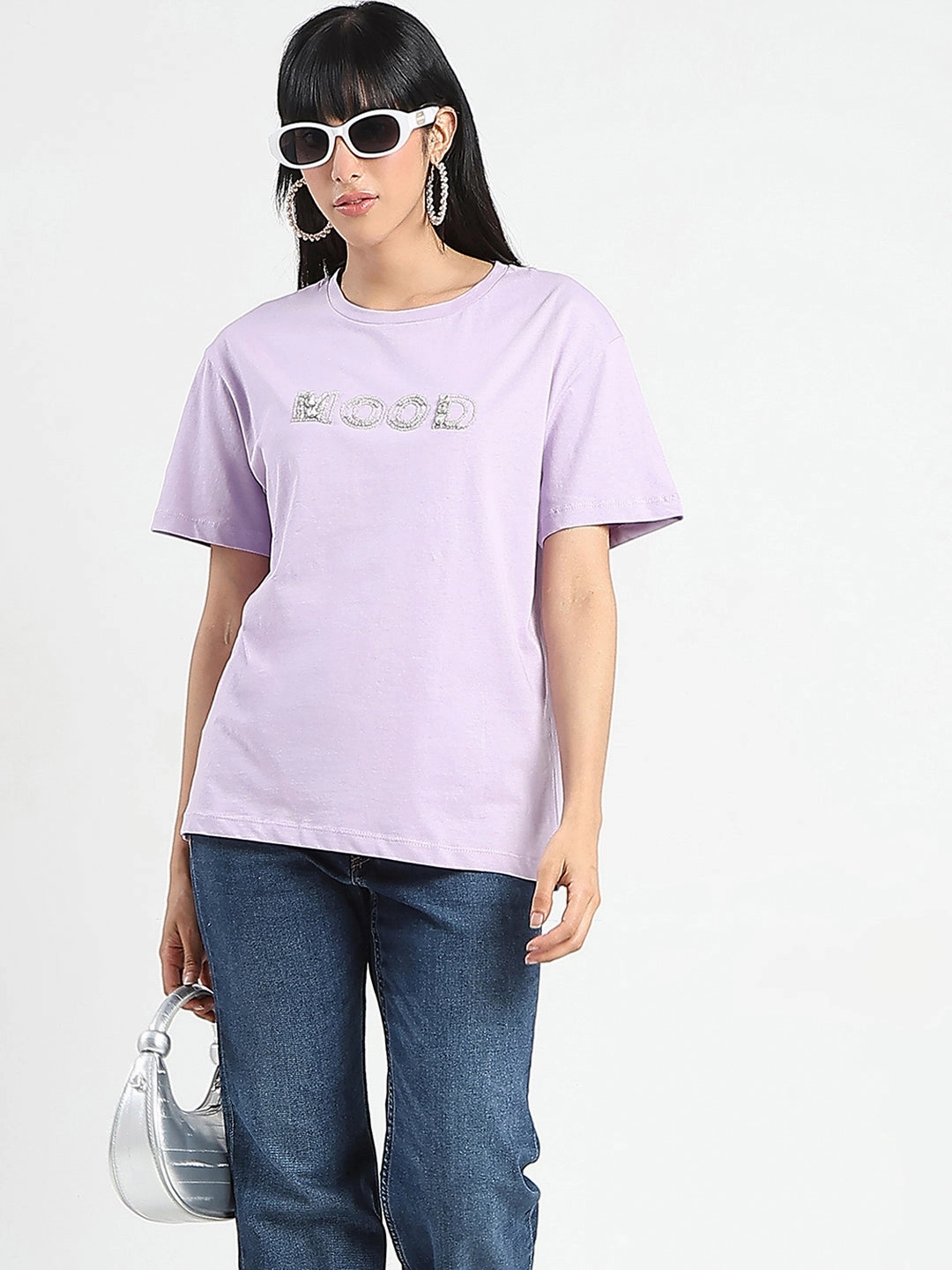 Washable fabric Madame Embellished Typography Lilac Cotton T-Shirt