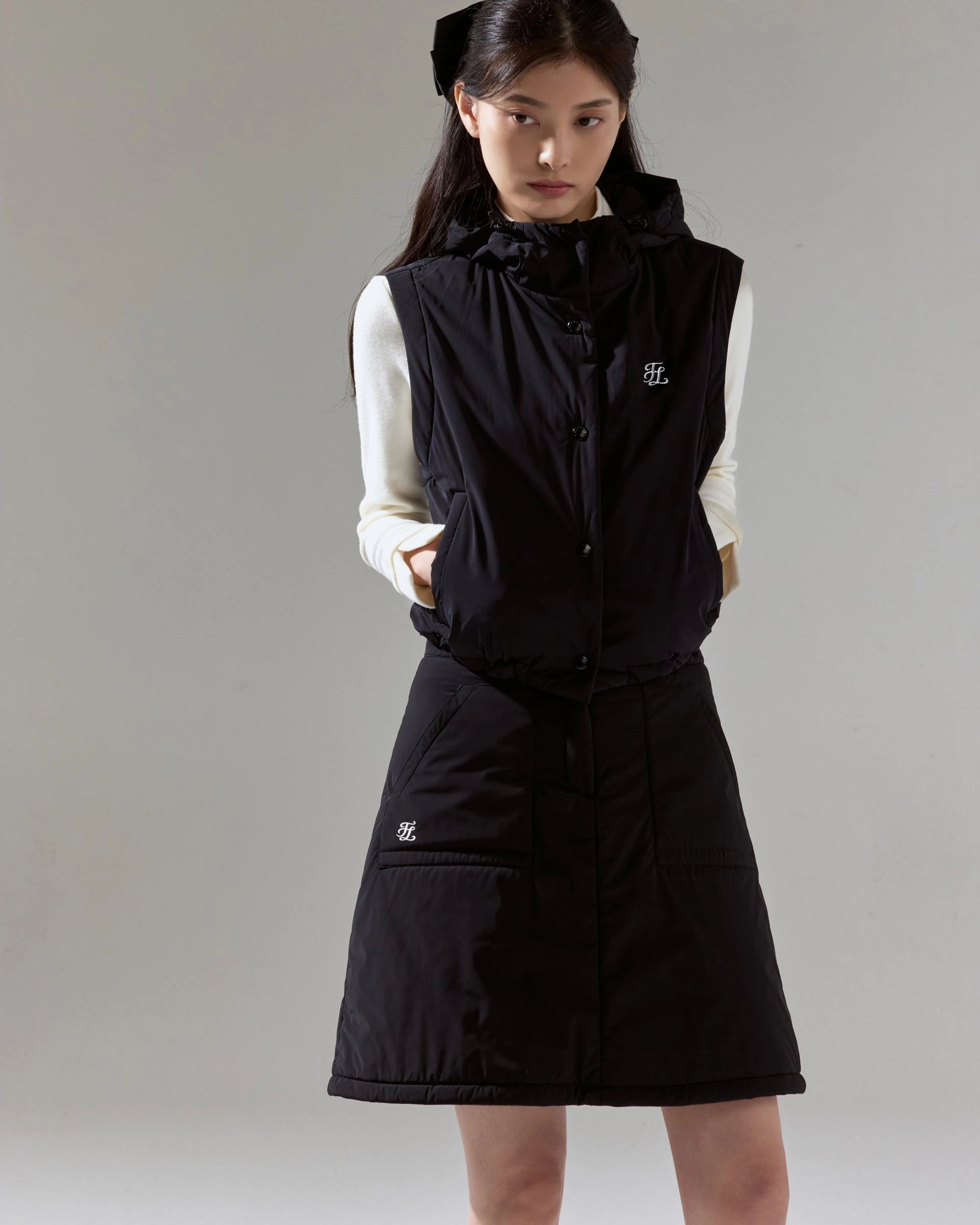 Layered Placket Design Minimalist Stitching Fair Liar Cropped Puffy Vest - Black