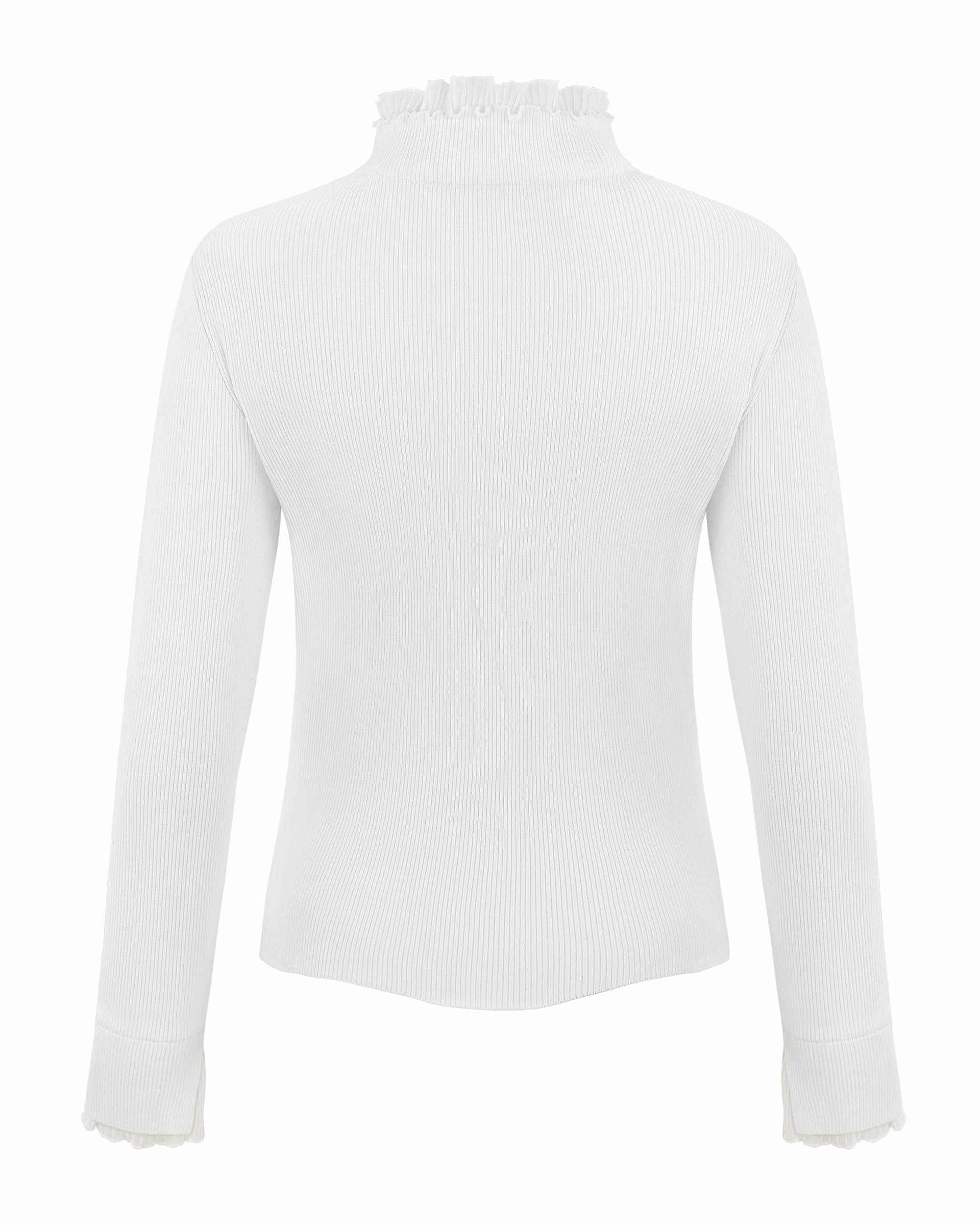 Fair Liar Double Frill High Neck Rib Knit - White Fitted Blouse MidweightKnit