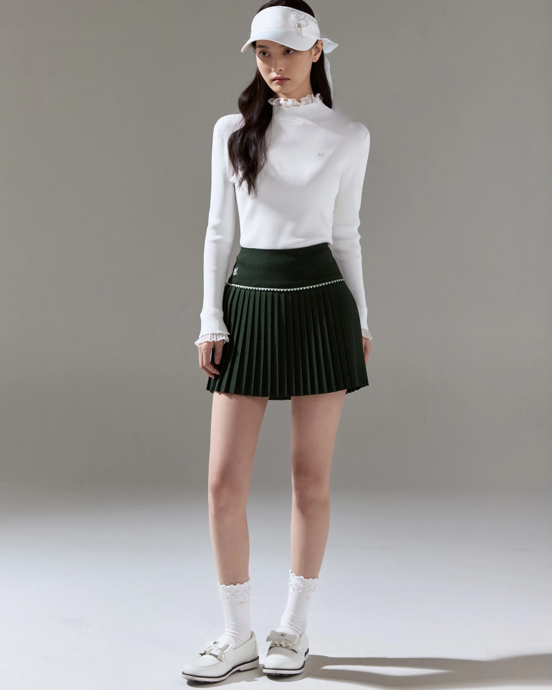 Stretchable Knit Fair Liar Double Frill High Neck Rib Knit - White