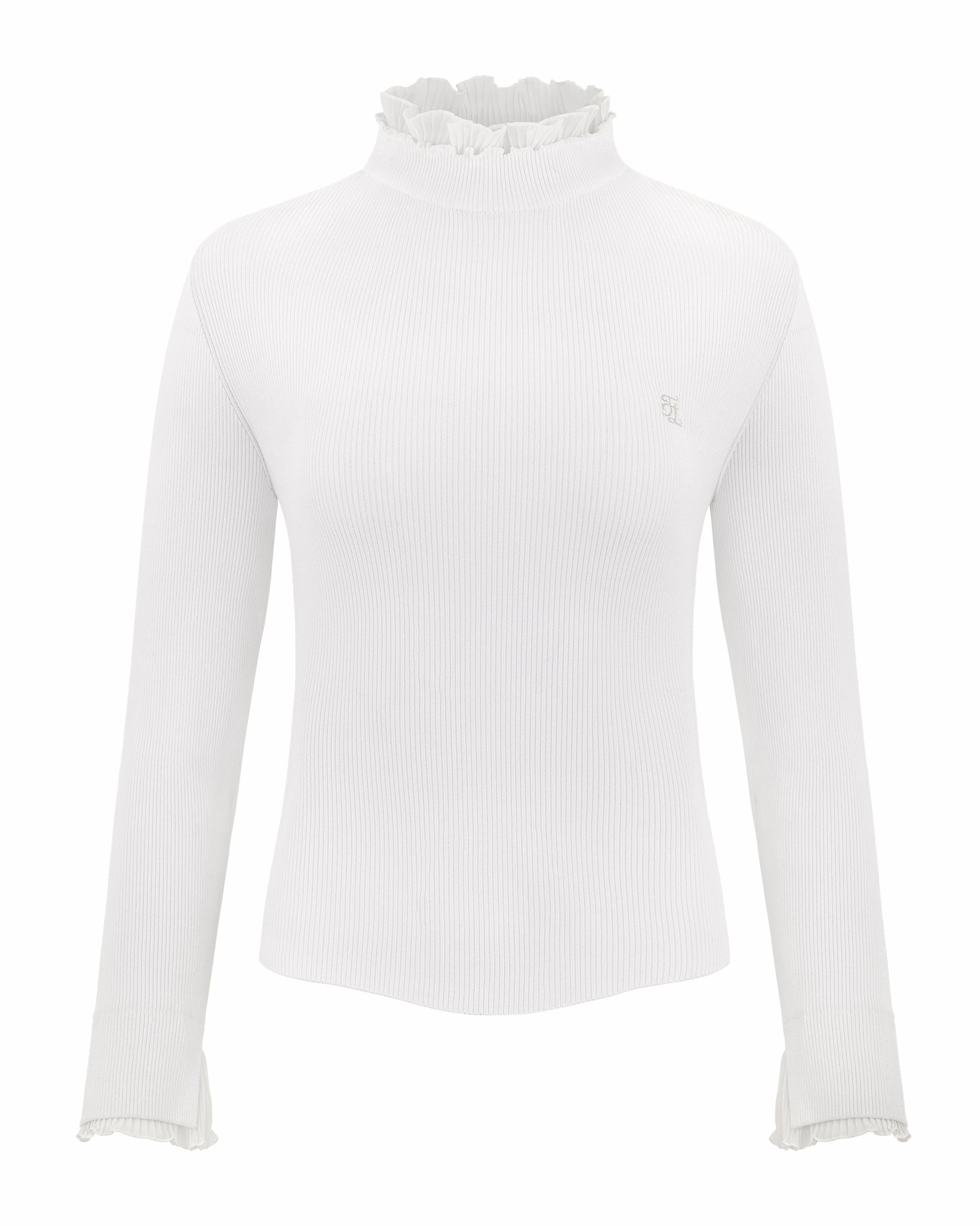 Temperature Control Fabric MinimalistAesthetic Fair Liar Double Frill High Neck Rib Knit - White