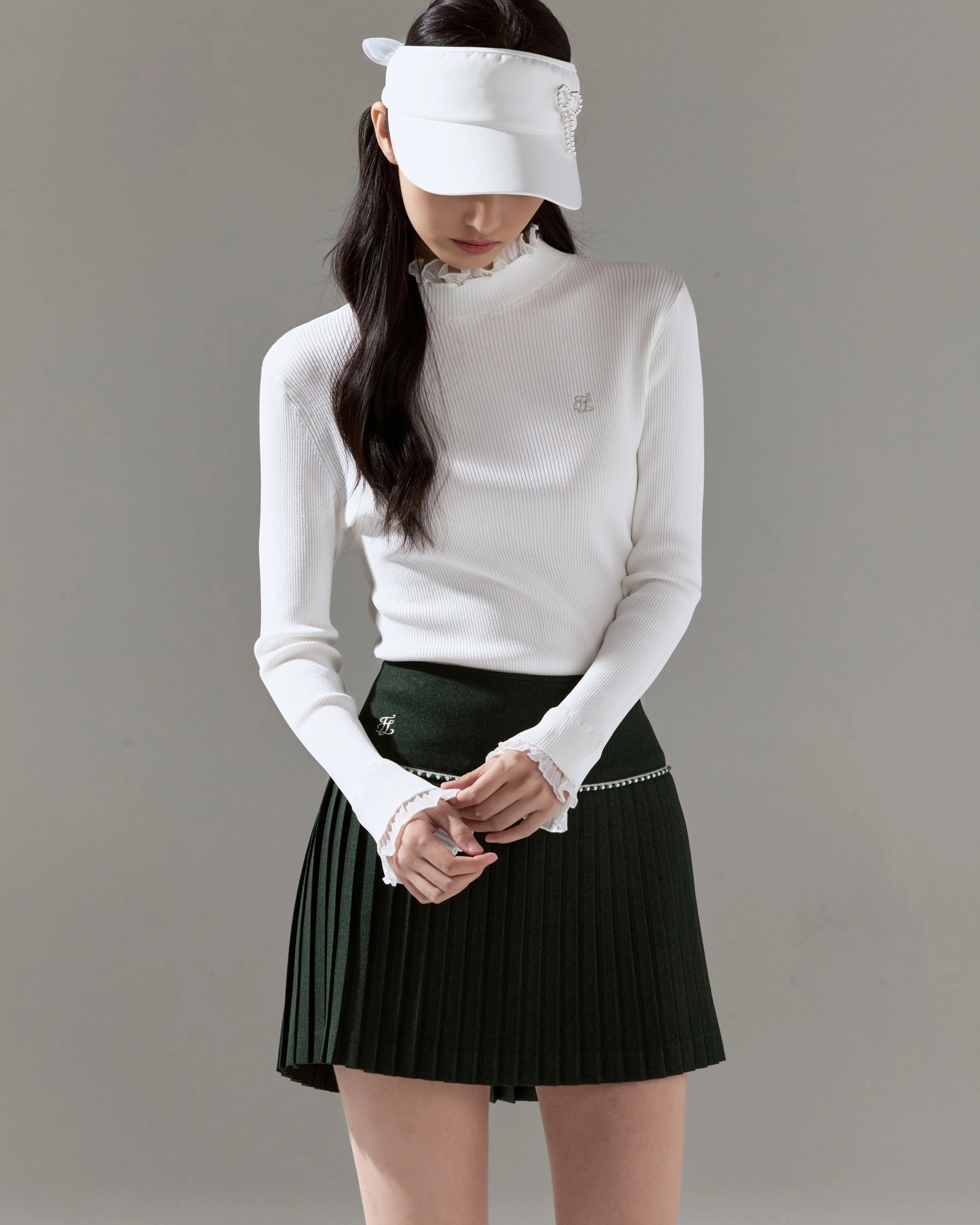 LayeredCuff AntiSlipGrip Fair Liar Double Frill High Neck Rib Knit - White