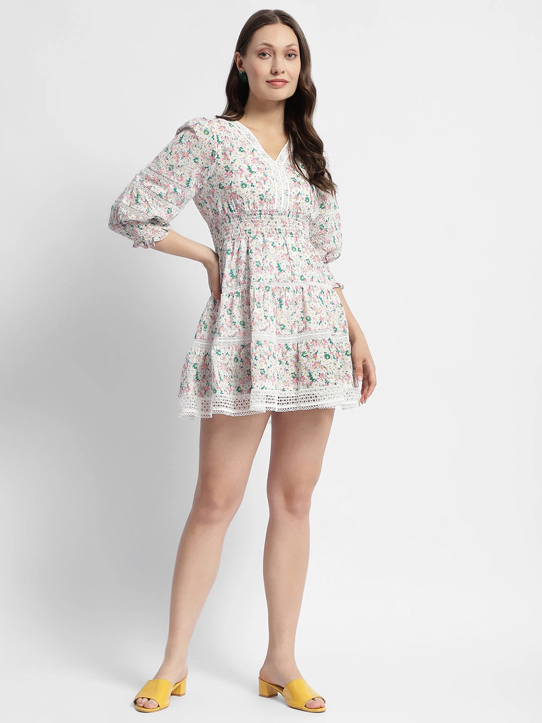 Madame Ditsy Floral Print V-Neck Mini Dress Skirt Flare Smart and Sleek