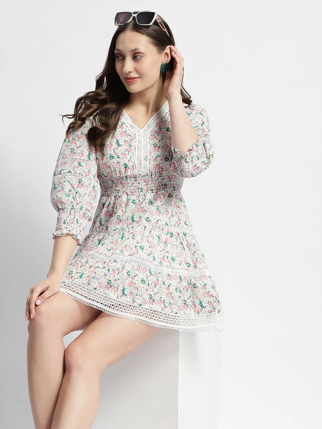 Madame Ditsy Floral Print V-Neck Mini Dress soft fit Soft Shine