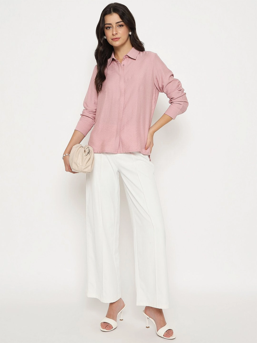 Madame Textured Solid Pink Rayon Blend Shirt Comfortable Layer Bold Pattern