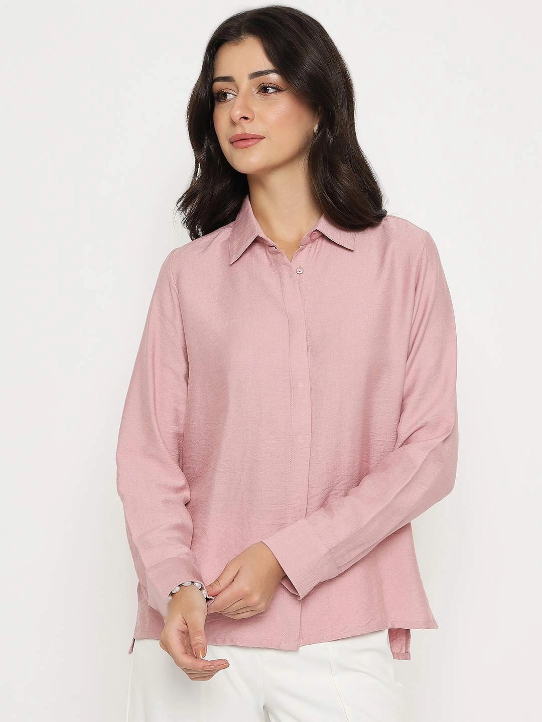 Madame Textured Solid Pink Rayon Blend Shirt Matte Finish Sporty Design