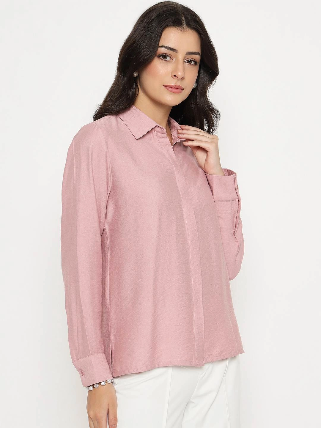 Fashionable Layer Madame Textured Solid Pink Rayon Blend Shirt