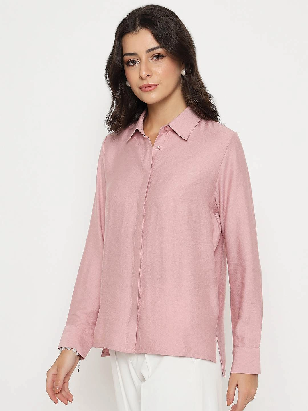 Brunch Outfit Fade Resistant Formula Madame Textured Solid Pink Rayon Blend Shirt