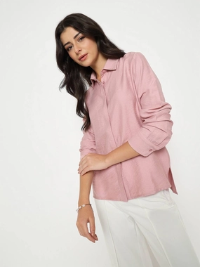 Madame Textured Solid Pink Rayon Blend Shirt Chic Wardrobe Button-up