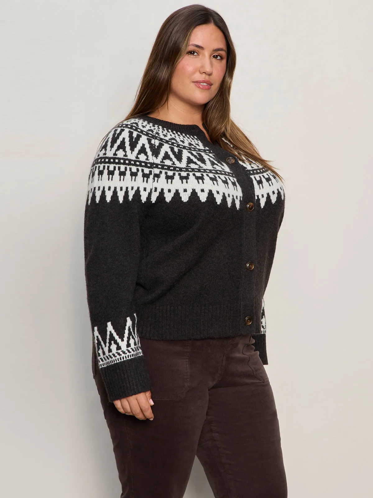 Comfort Cushion Neckline Fairisle Crewneck Cardi Ink Multi Extended Sizing