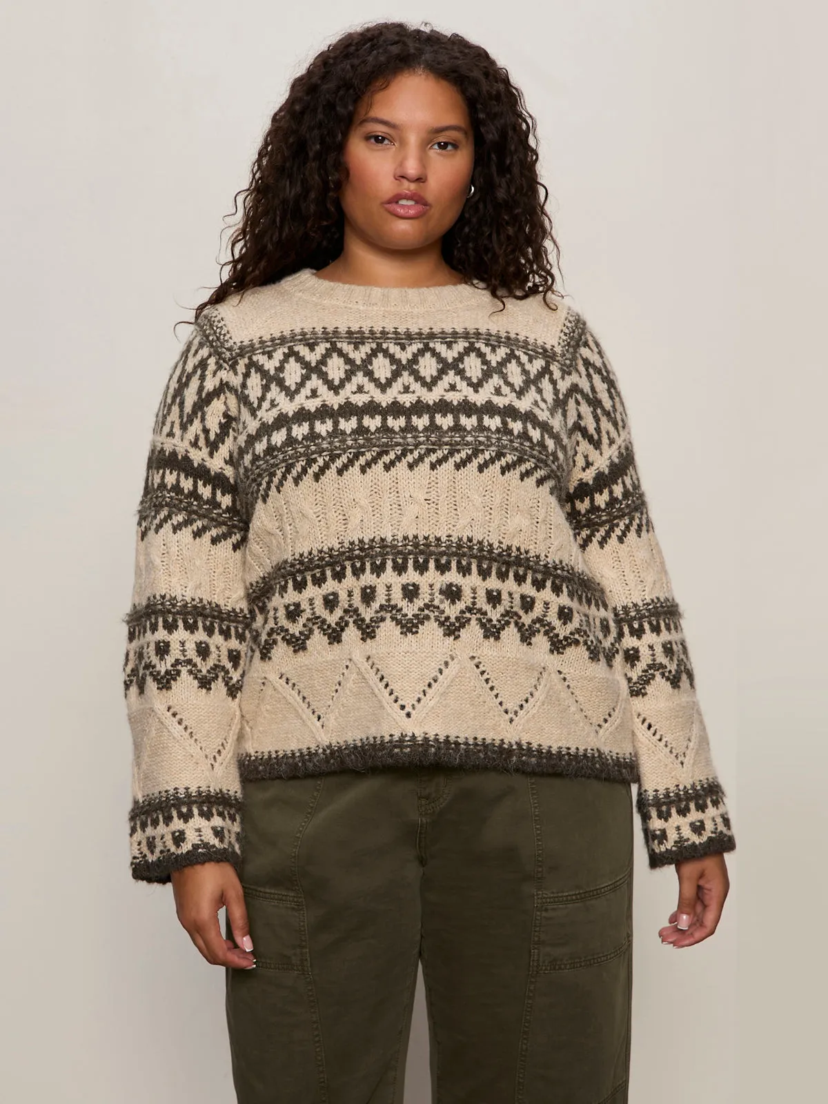 Fairisle Sweater Light Oat Multi Extended Sizing Fashionable Look