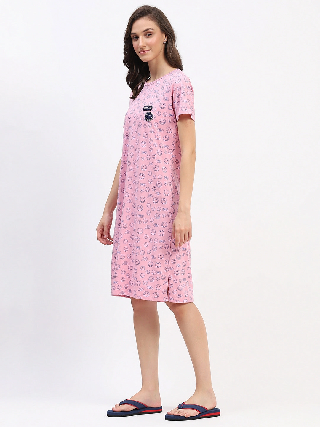 mSECRET Pink Smiley Print Cotton Nightdress Gathered-Detail Side-Slit