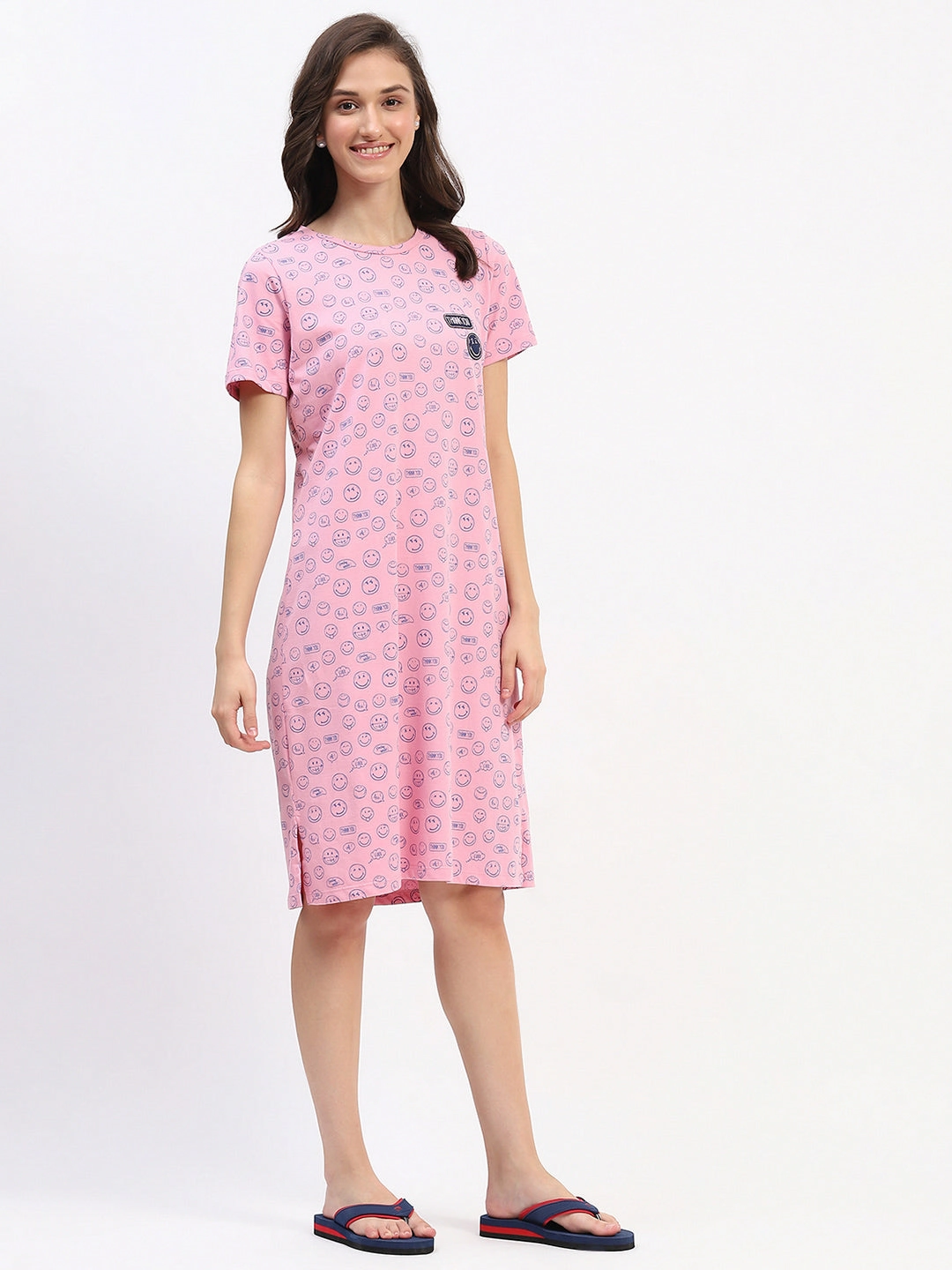 Effortless Elegance Versatile Piece mSECRET Pink Smiley Print Cotton Nightdress