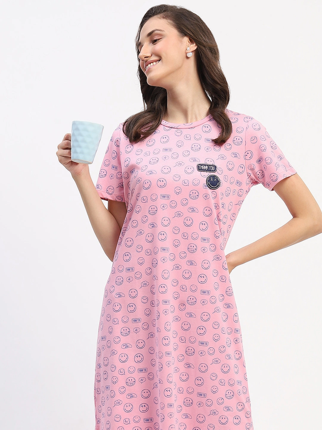 mSECRET Pink Smiley Print Cotton Nightdress Comfortable Cut