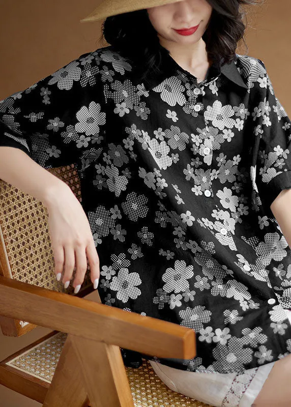 Fashion Black Peter Pan Collar Print Patchwork Cotton Shirts Top Summer LY3974