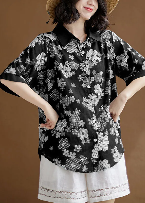 Fashion Black Peter Pan Collar Print Patchwork Cotton Shirts Top Summer LY3974