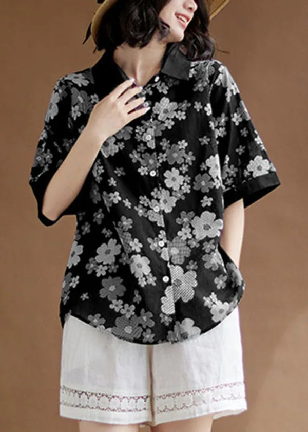Fashion Black Peter Pan Collar Print Patchwork Cotton Shirts Top Summer LY3974