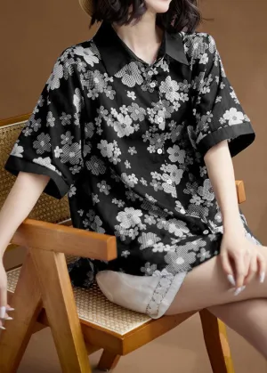 Fashion Black Peter Pan Collar Print Patchwork Cotton Shirts Top Summer LY3974
