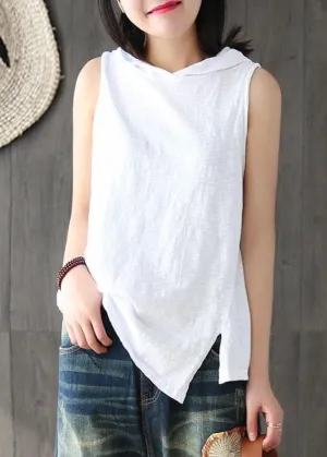 Fashion White Hooded Asymmetrical Design Summer Cotton Top Sleeveless