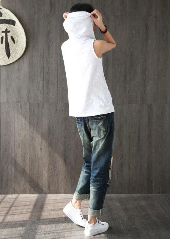 Fashion White Hooded Asymmetrical Design Summer Cotton Top Sleeveless