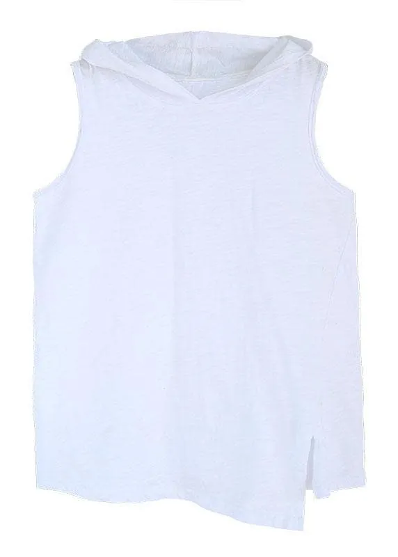 Fashion White Hooded Asymmetrical Design Summer Cotton Top Sleeveless