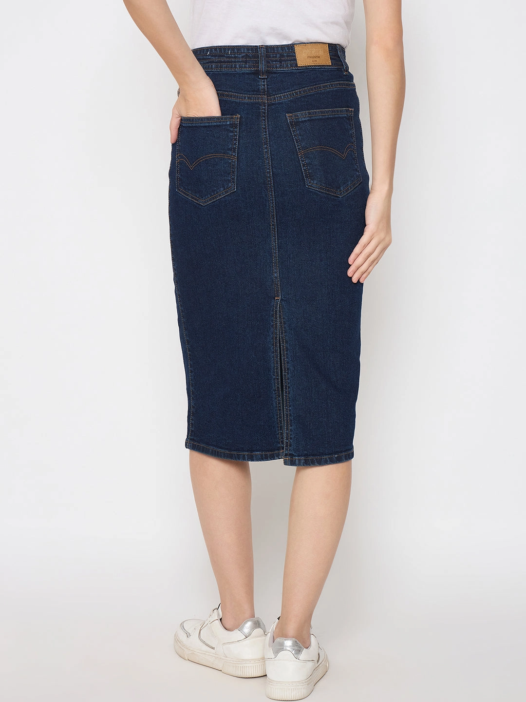 Madame Seam Detailed Dark Blue Denim Midi Skirt Flexible Material