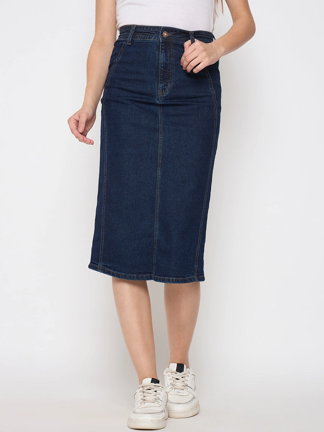 Emerging Designer Madame Seam Detailed Dark Blue Denim Midi Skirt